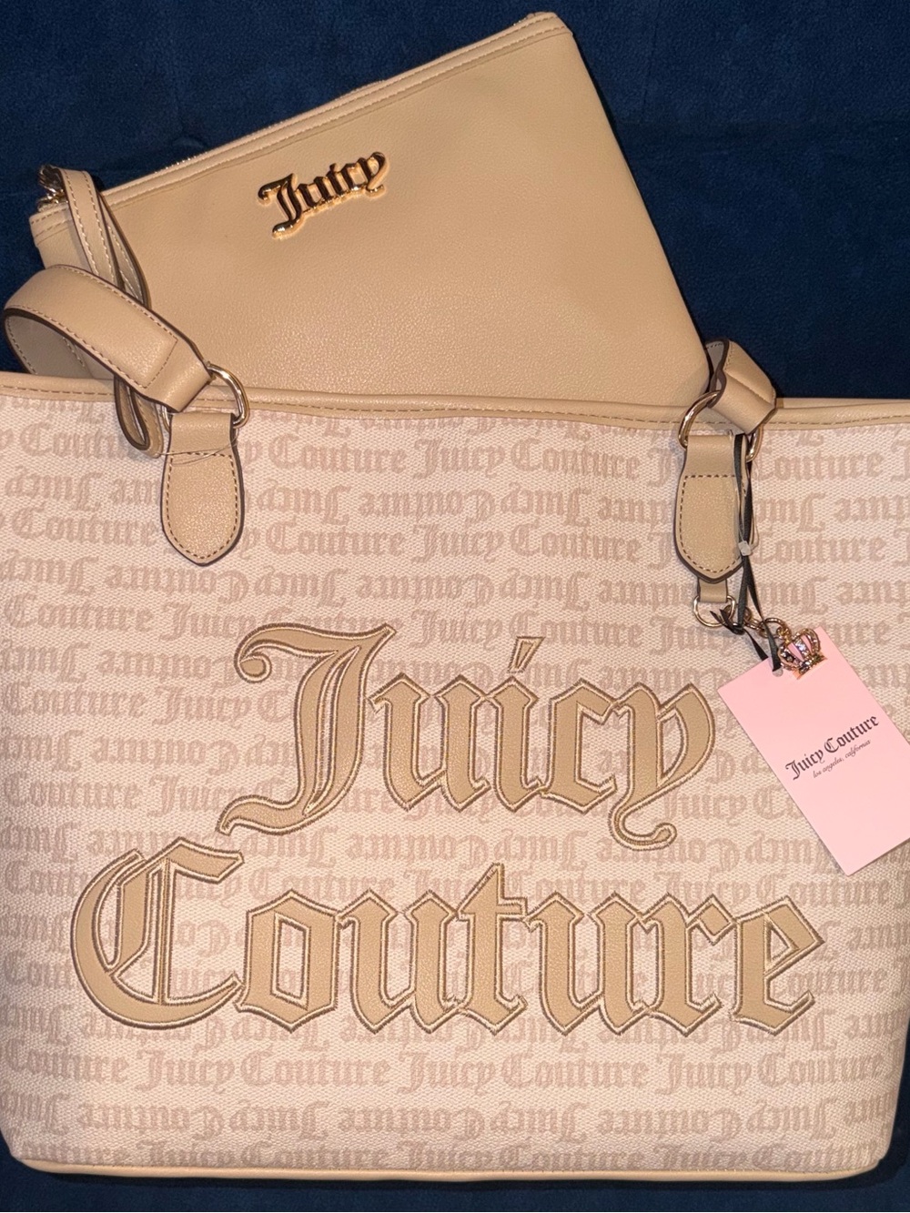 Juicy Couture Beige Logo Tote Bag - with wristlet holder Cream/Beige